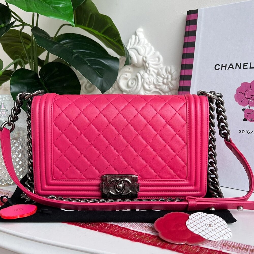 Authentic Chanel Old Boy Medium Lambskin Pink Quilted Crossbody Bag B0816
